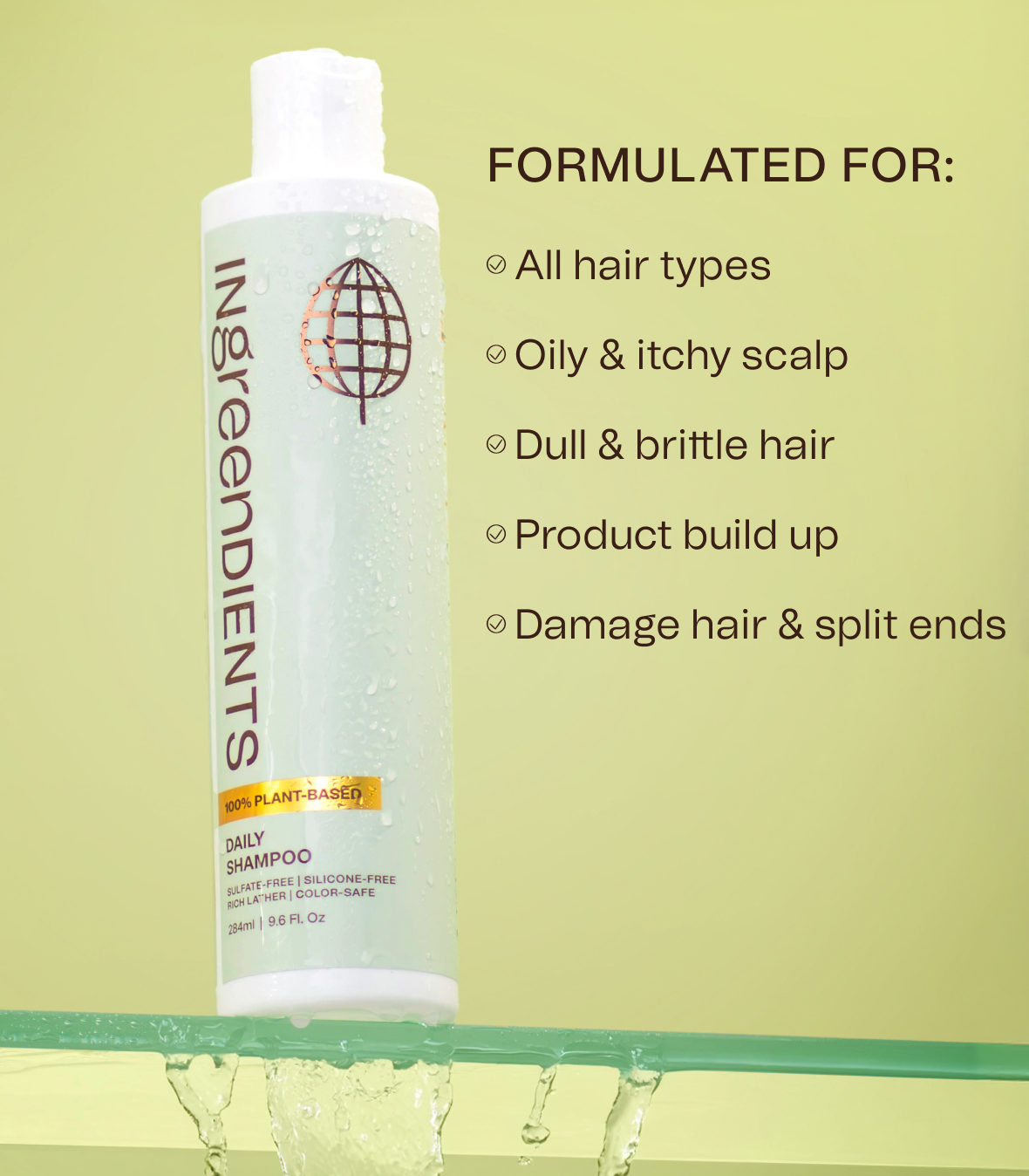 Graphic summarizing the clean ingredients and gentle nature of the Daily Shampoo