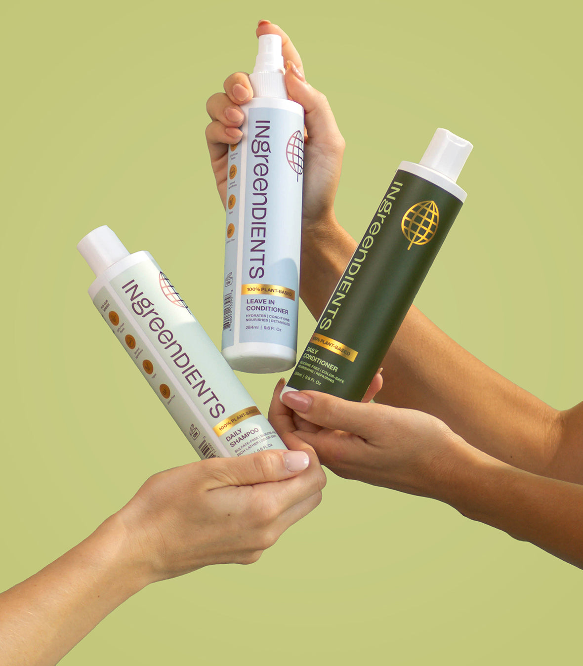 Set of the Detangler Leave-In Conditioner shown with matching Shampoo and Conditioner bottles