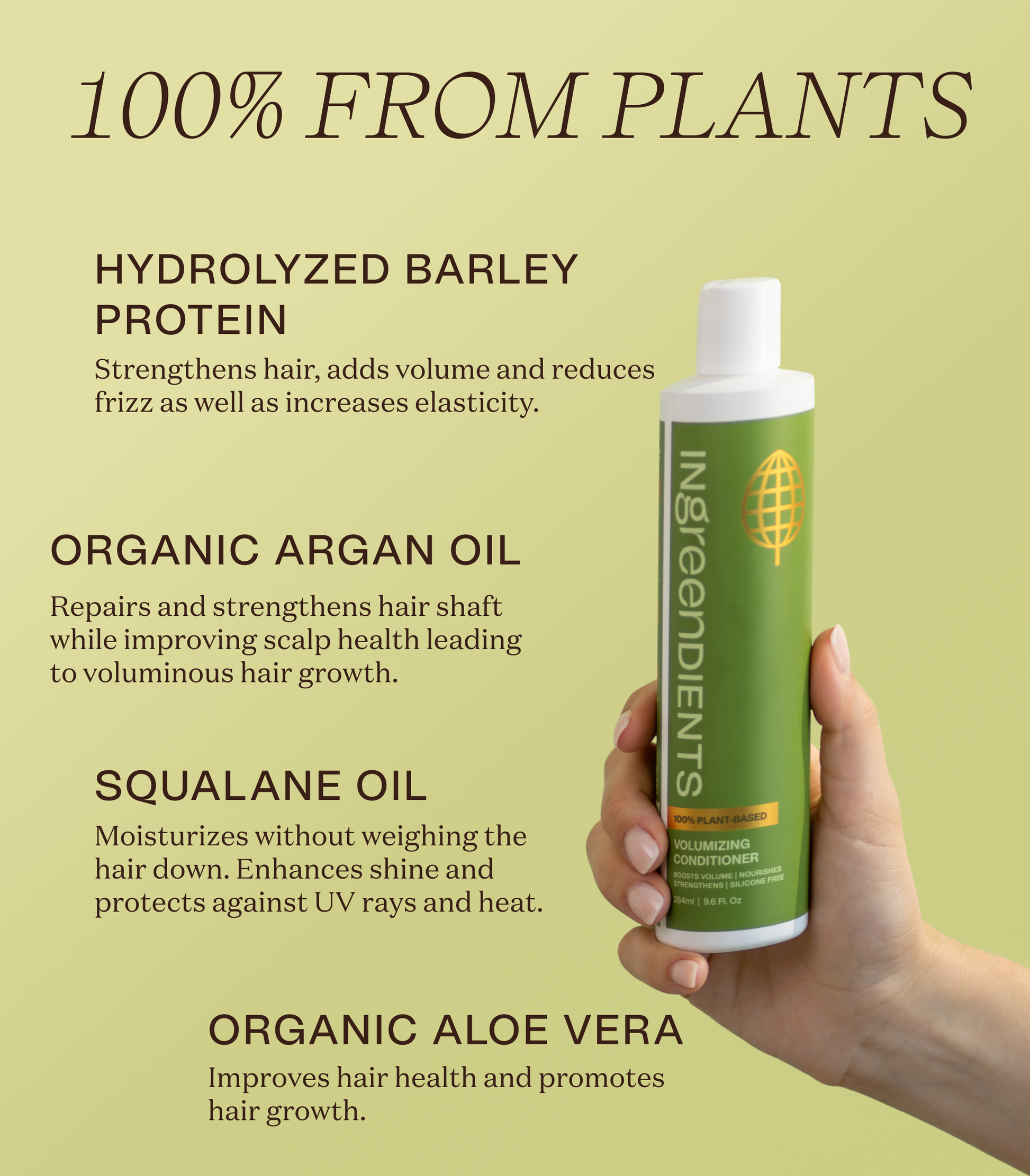 Icons or graphic detailing the volumizing and strengthening effects of the conditioner