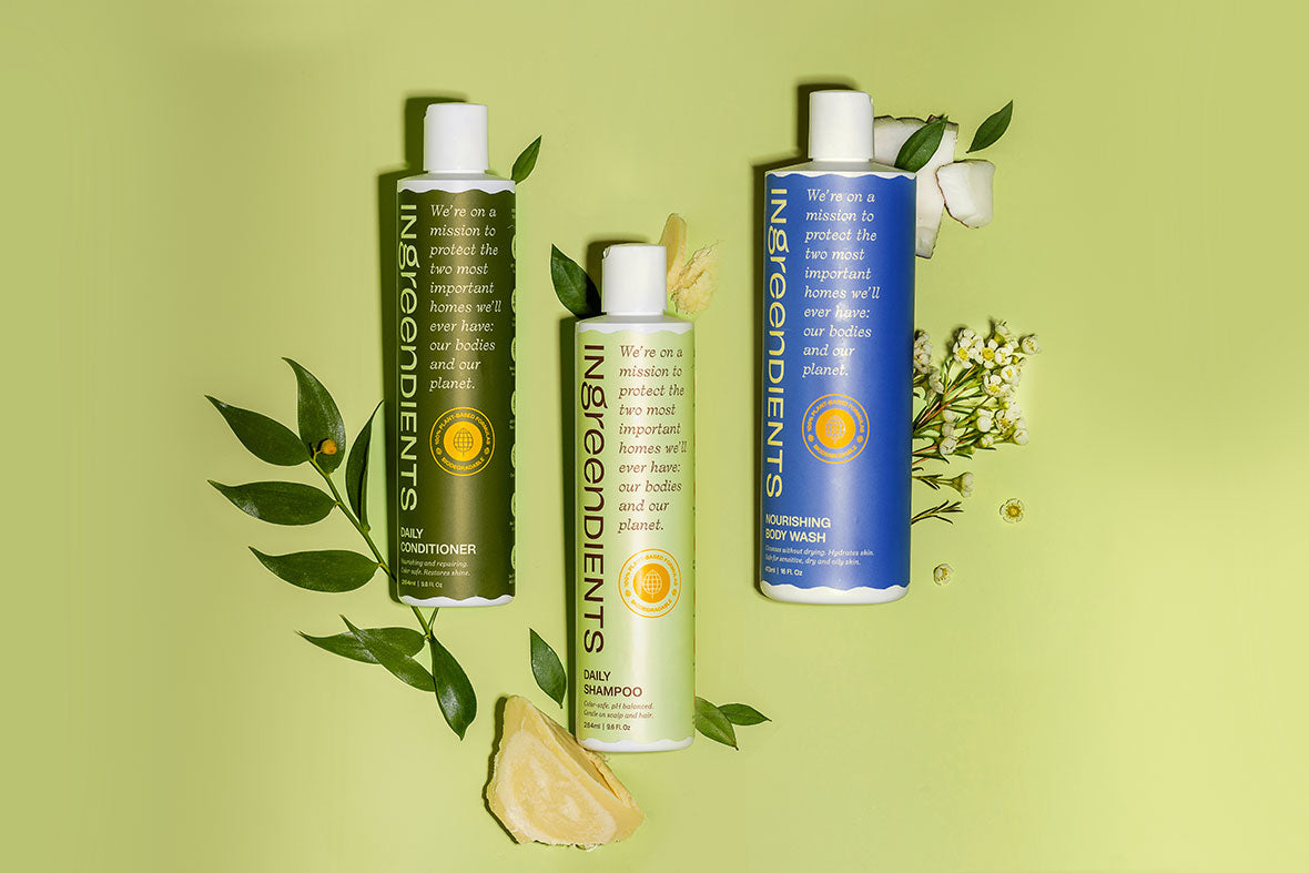 Detailed shot showing the texture or application of the Total Body Care Bundle products